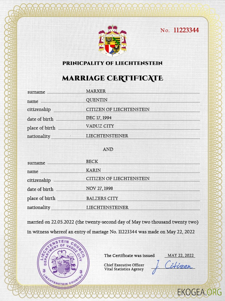 Modèle PSD de certificat de mariage du Liechtenstein